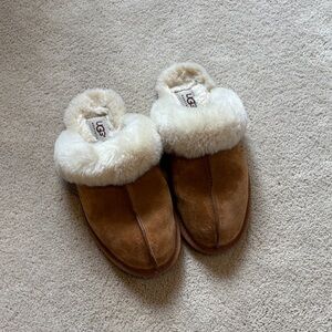 UGG Chestnut Suede Slip-On Slippers with Cream Shearling Collar